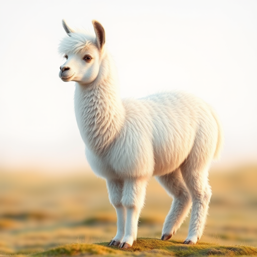 Create a high-resolution illustration of a standing llama with fluffy wool, soft lighting, portrait orientation, and a 50mm lens, f/2.8 aperture, ISO 100, natural background.
