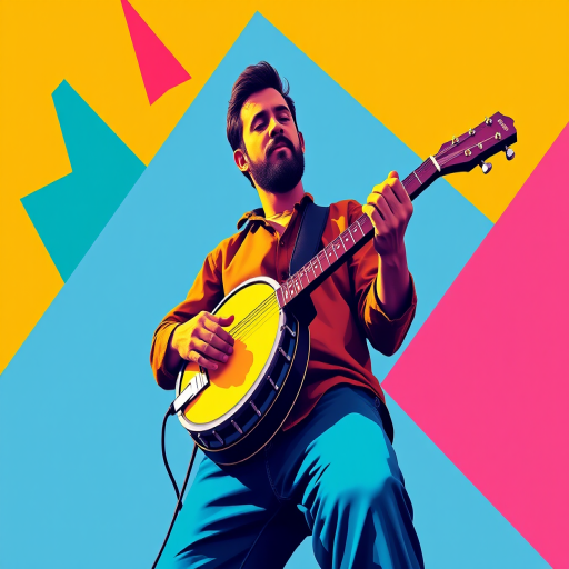 Create a vibrant vector-style illustration of a musician playing the banjo with angular geometric shapes in the background, using a Canon EOS R5, 50mm lens, aperture f/2.8, ISO 100, capturing from a low angle and using bright, bold colors for an eye-catching effect.