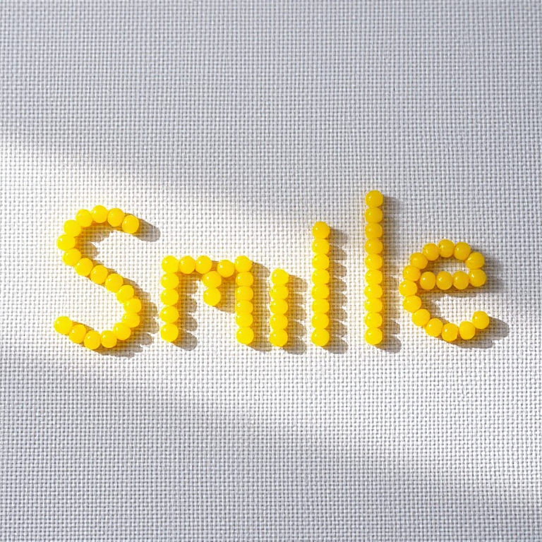 Create an image of the word "Smile" written in vibrant yellow beads on a textured white canvas background, with a soft focus, using a DSLR camera at f/2.8 aperture, 50mm lens, ISO 100, and natural lighting for enhanced quality.