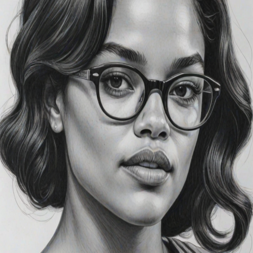 Alluring Tessa Thompson, pencil sketch, portrait of Elegant woman 1963s in glasses, hair style beatnik, outline, clear lines, fine lines, 8k