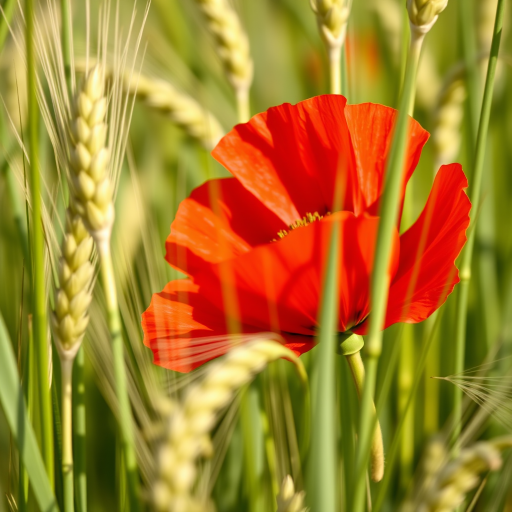 close-up of a vibrant red poppy flower amidst green wheat stalks, macro lens, f/2.8 aperture, ISO 200, 50mm lens, natural light, shallow depth of field, DSLR camera