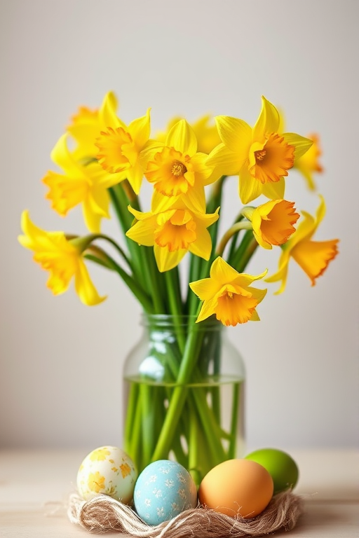 Create a vibrant illustration of yellow daffodils in a vase with colorful Easter eggs at the base, using a Canon EOS 5D Mark IV camera with a 50mm lens, aperture set to f/2.8, ISO 100, and soft natural lighting for enhanced detail and colors.