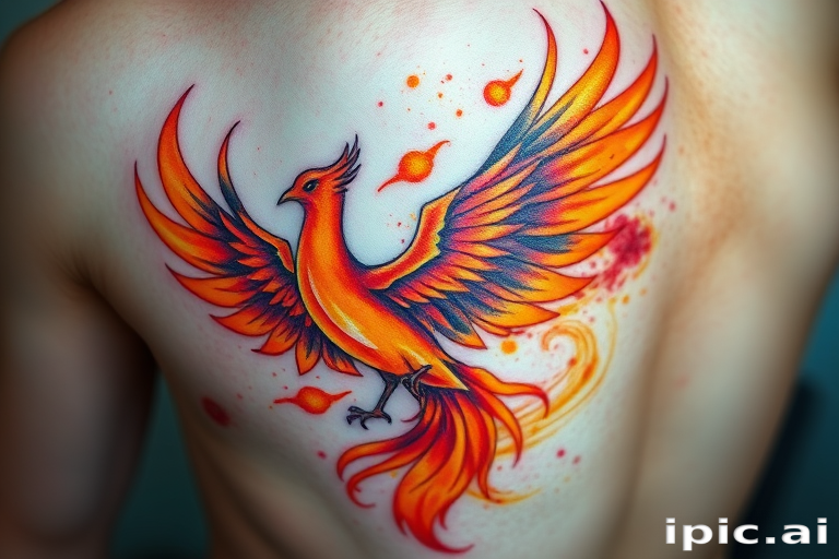 Vibrant watercolor tattoo of a soaring phoenix rising from ashes, bursting with hues of orange, red, and gold, creating a stunning contrast against blue-tinted skin, showcasing fluid brushstrokes and ethereal blending techniques
