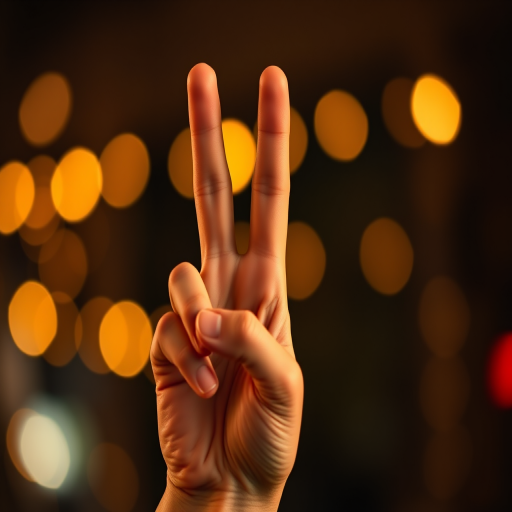 Create an image of a close-up hand making a peace sign with a blurred bokeh background, shot with a Canon EOS R5, 50mm lens, aperture f/1.8, ISO 100, using a shallow depth of field in a soft, warm lighting style.