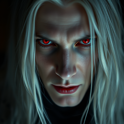 portrait of a vampire with long white hair and red eyes, soft dramatic lighting, close-up shot, shallow depth of field, ISO 100, f/1.8, 85mm lens, high definition, studio photography