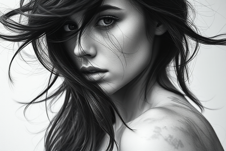 Create a highly detailed portrait of a woman with flowing hair, using soft charcoal sketch style and high contrast lighting, shot with a Canon EOS R5 at f/1.8, ISO 100, 50mm lens from a close-up perspective.