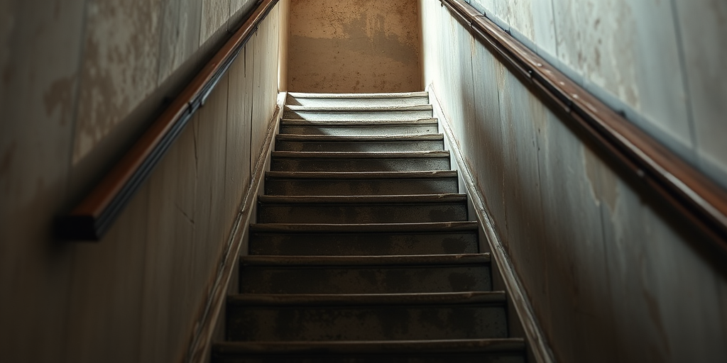 High-resolution image of a weathered staircase with a vintage texture, captured using a DSLR camera, 35mm lens, f/8 aperture, ISO 100, natural light, upward angle, with a soft focus filter for enhanced depth.