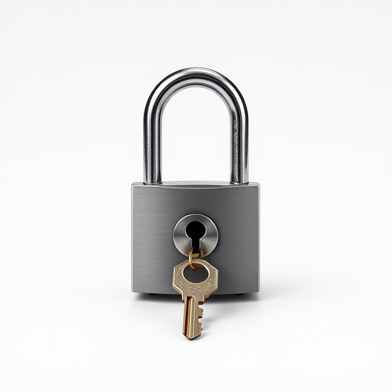 Create a high-resolution digital illustration of a closed padlock and key on a plain background, using a DSLR camera with a 50mm lens at f/1.8 for shallow depth of field, ISO 100, and natural lighting to enhance details and contrast.