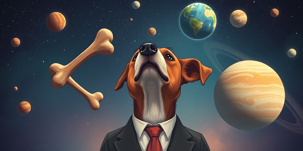Create an artistic illustration of a dog in a suit gazing at a floating bone and planets in a starry space background, using a DSLR camera with a 50mm lens, f/1.8 aperture, ISO 100, and a slight tilt for a dynamic perspective.