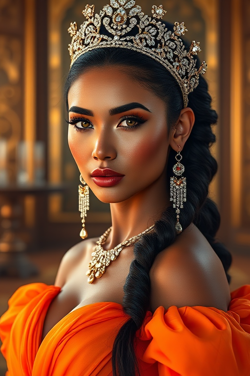 A gorgeous Native American woman in a luxurious orange gown, accessorized with a dazzling tiara and statement earrings, her deep Yellow eyes highlighted by impeccable makeup, poised in a royal setting, photorealistic, 8K quality