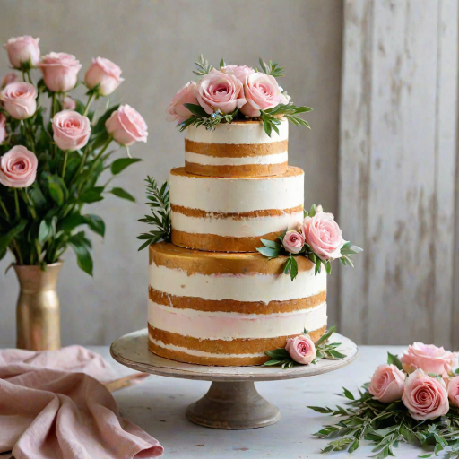 Create an image of a three-tiered cake with a semi-naked design. The cake should have a warm, golden color and be adorned with delicate pink frosting decorations. Add fresh flowers in soft colors, such as pink and cream, along with green foliage for a touch of elegance. The cake should be displayed on a simple white cake stand against a rustic background.