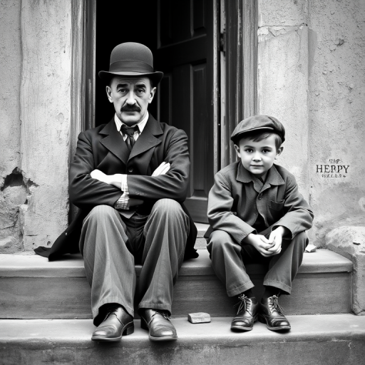 A black-and-white photograph of a man and a child sitting on steps in front of a doorway. The man is dressed as a tramp with a bowler hat, mustache, and ragged clothes, reminiscent of Charlie Chaplin's iconic look. He is sitting with his arms crossed and an expression of slight sadness or frustration. Next to him is a young boy, also in worn clothes and a cap, sitting with his hands clasped, looking thoughtful. The background is an old, textured wall and a partially open door, creating a vintage, early 20th-century atmosphere.