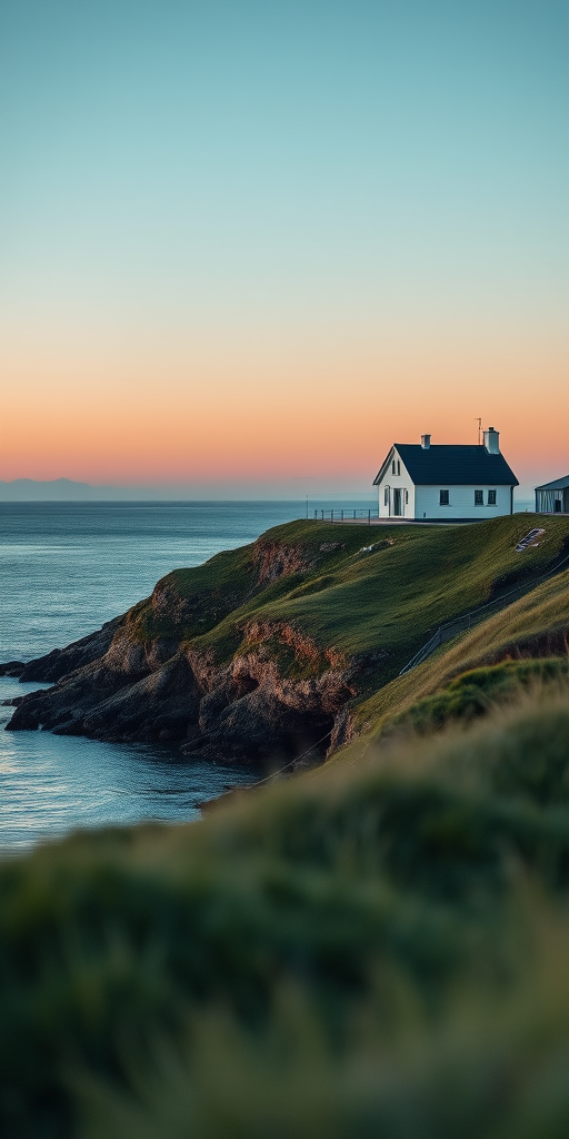 capture a serene coastal landscape with two houses on a grassy hill overlooking calm waters during twilight, use a Canon EOS 5D Mark IV, 24mm lens, aperture f/8, shutter speed 1/60s, ISO 100, soft natural lighting, focus on the texture of the water and the houses with a slight vignette effect