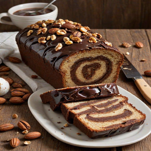 Create an image of a sliced loaf cake with a marbled chocolate and vanilla interior. The top should be covered in glossy chocolate ganache and sprinkled with caramelized nuts. Include some eggs and scattered nuts in the background for a rustic touch. Use a wooden knife beside the cake for serving.