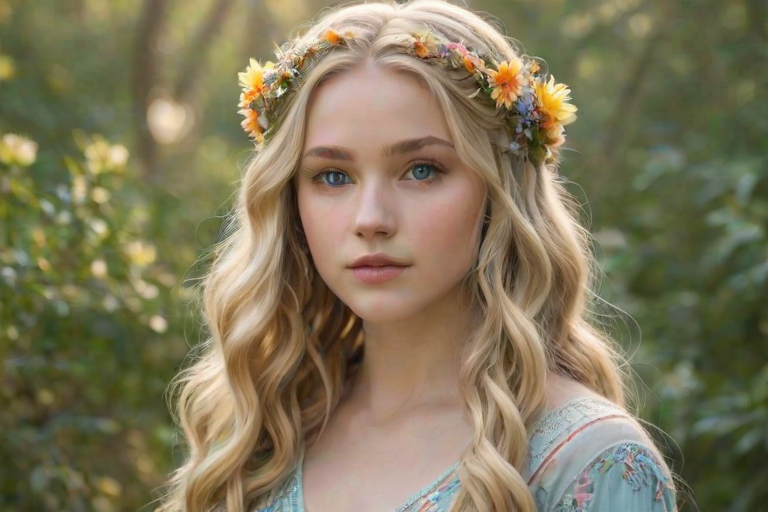 Create an image of a young woman with long, wavy blonde hair, adorned with small, colorful flowers woven into her braids and loose strands. Her complexion is fair, with soft, glowing skin, and she has light blue eyes that gaze softly at the viewer. She wears a light, flowing dress with a gentle, ethereal quality, complementing her delicate and serene appearance. The background is slightly blurred, drawing focus to her tranquil expression and the intricate details of the flowers in her hair. The overall mood of the image is one of natural beauty and grace, evoking a sense of peacefulness and connection with nature.