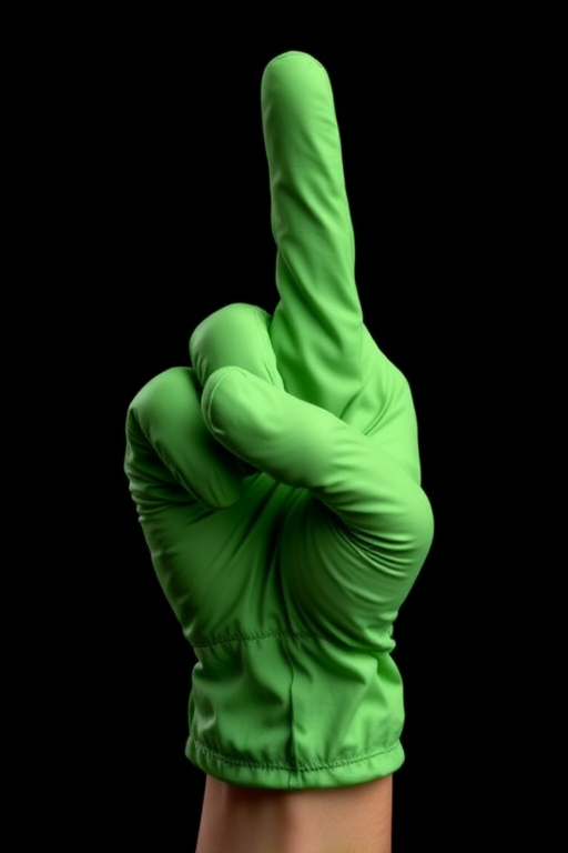 Create a high-resolution digital illustration of a green glove with a raised finger against a black background, captured with a Canon EOS R5, 50mm f/1.2 lens, f/2.8 aperture, ISO 100, in a soft diffused light setup for enhanced clarity and detail.