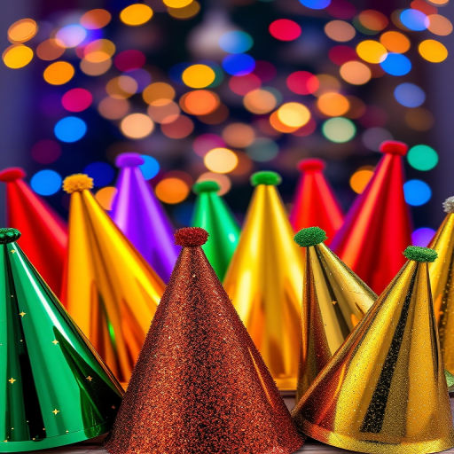 Create an image of various colorful New Year's party hats arranged in a visually appealing way with a blurred festive background, using a DSLR camera, ISO 100, aperture f/2.8, shutter speed 1/60s, in a top-down view, focus on the hats with vibrant colors and sharp details.