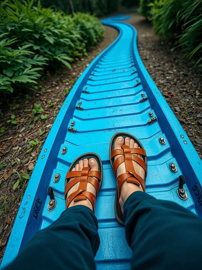 close-up of a person's feet in brown sandals on a blue toboggan track with lush greenery in the background, shot with a Canon EOS R5, 24mm lens, f/2.8, ISO 200, shutter speed 1/250 sec, top-down perspective, vibrant colors.