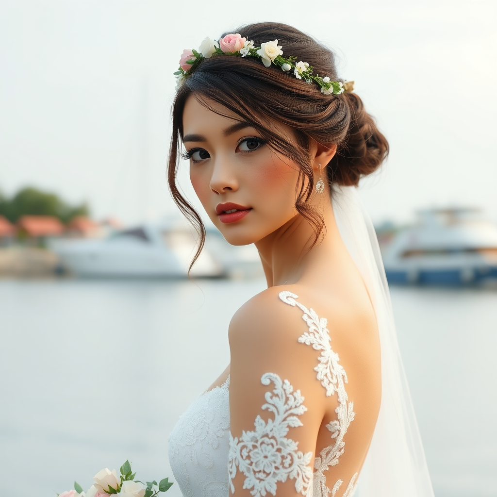 water front scene, bridal model, delicate lace gown, floral headpiece, soft romantic focus, high-key lighting and an 85mm lens for soft, even tones that highlight the model’s face and bright outfit against a white or light background