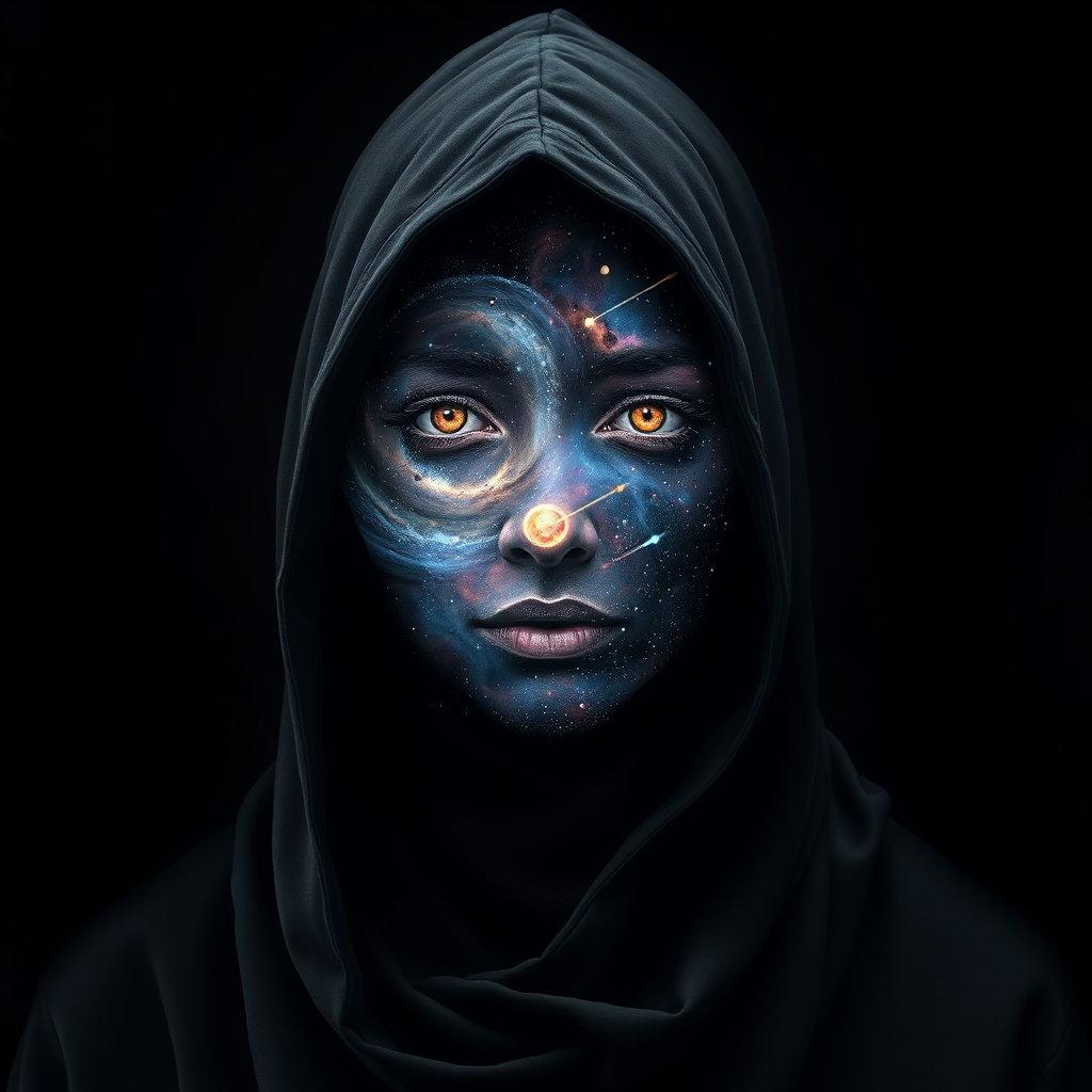 A mysterious hooded figure stands silently, the dark cloak flowing around them like shadows. Beneath the hood, their face is a mesmerizing cosmic scene where swirling galaxies, radiant stars, and vibrant planets form the features. Nebulas drift where eyes should be, glowing softly, while delicate streaks of cosmic energy trace the outlines of a nose and lips. Comets streak across the vastness of their face, and faint constellations pulse with life. The entire visage shifts and evolves as if the universe itself is contained within the figure, giving an ethereal, otherworldly presence to their form.