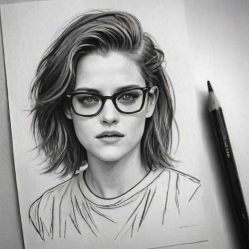 Beautiful Kristen Stewart, pencil sketch, portrait of beautiful woman 60s in glasses, hair style beatnik, outline, clear lines, fine lines, 8k
