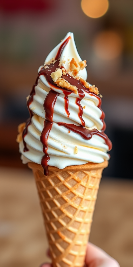 Create a high-resolution image of a delicious ice cream cone topped with chocolate syrup, nuts, and sprinkles, using a Canon EOS R5 camera, 50mm lens, f/2.8 aperture, ISO 100, and natural light for enhanced colors and sharpness.