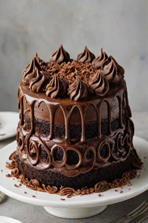 Generate an image of a decadent chocolate cake with multiple layers. The cake should be topped with rich chocolate frosting, elegantly piped swirls, and adorned with triangular chocolate pieces arranged in a fan shape. Include chocolate shavings and drizzles of melted chocolate cascading down the sides for a luxurious finish.