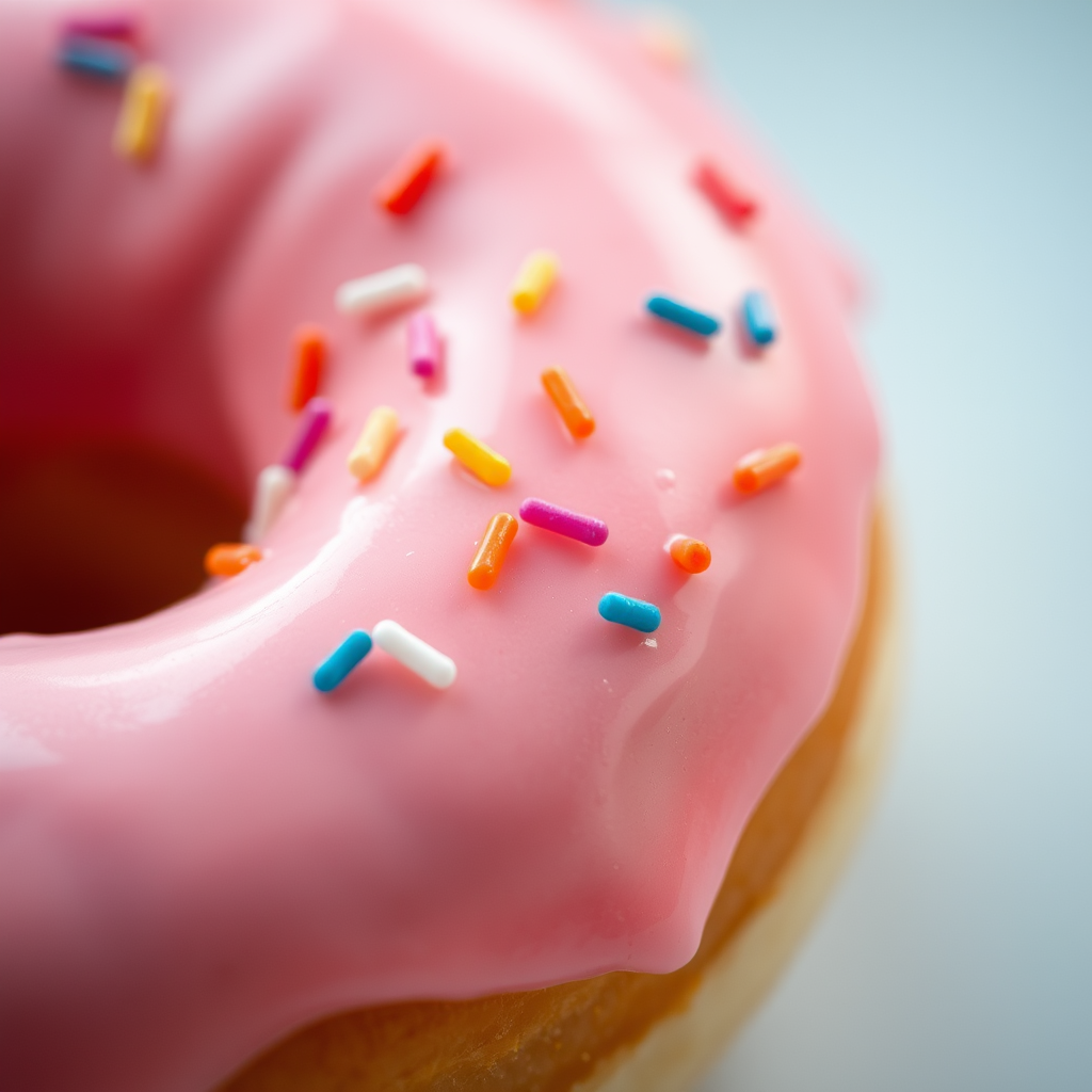 A realistic close-up of a glazed donut with pink icing and colorful sprinkles, shot with a DSLR camera at f/2.8 aperture, 50mm lens, 1/200 sec shutter speed, natural light, shallow depth of field, macro photography.