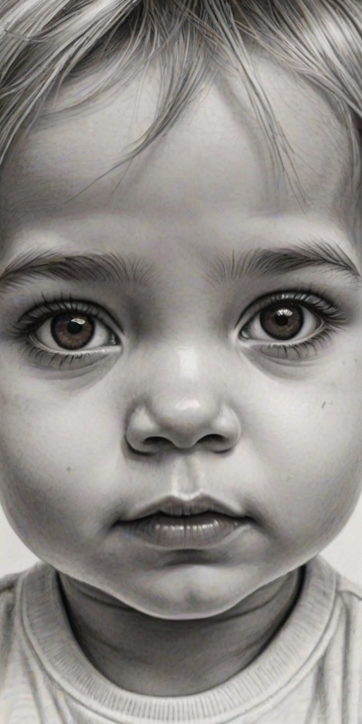 A hyperdetailed photorealistic black and white sketch of a beautiful toddler with deep red eyes, with a macro focus