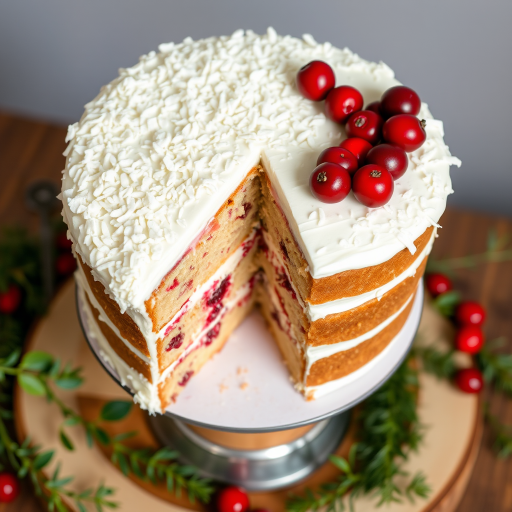 A beautifully decorated three-layer cake with white frosting and coconut flakes on top, showing a slice removed to reveal layers of cake and cranberry filling, garnished with fresh cranberries, placed on a wooden cake stand with a metallic base, surrounded by greenery.