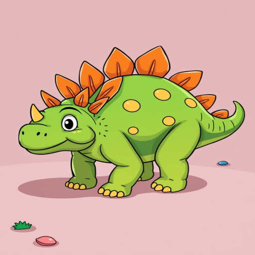 Create a detailed illustration of a cartoon dinosaur resembling a stegosaurus, featuring a round green body and prominent orange spikes, in high resolution with a vibrant color palette, using a Canon EOS R5 camera at f/8, ISO 100, 24mm lens, wide-angle view for enhanced clarity and depth.