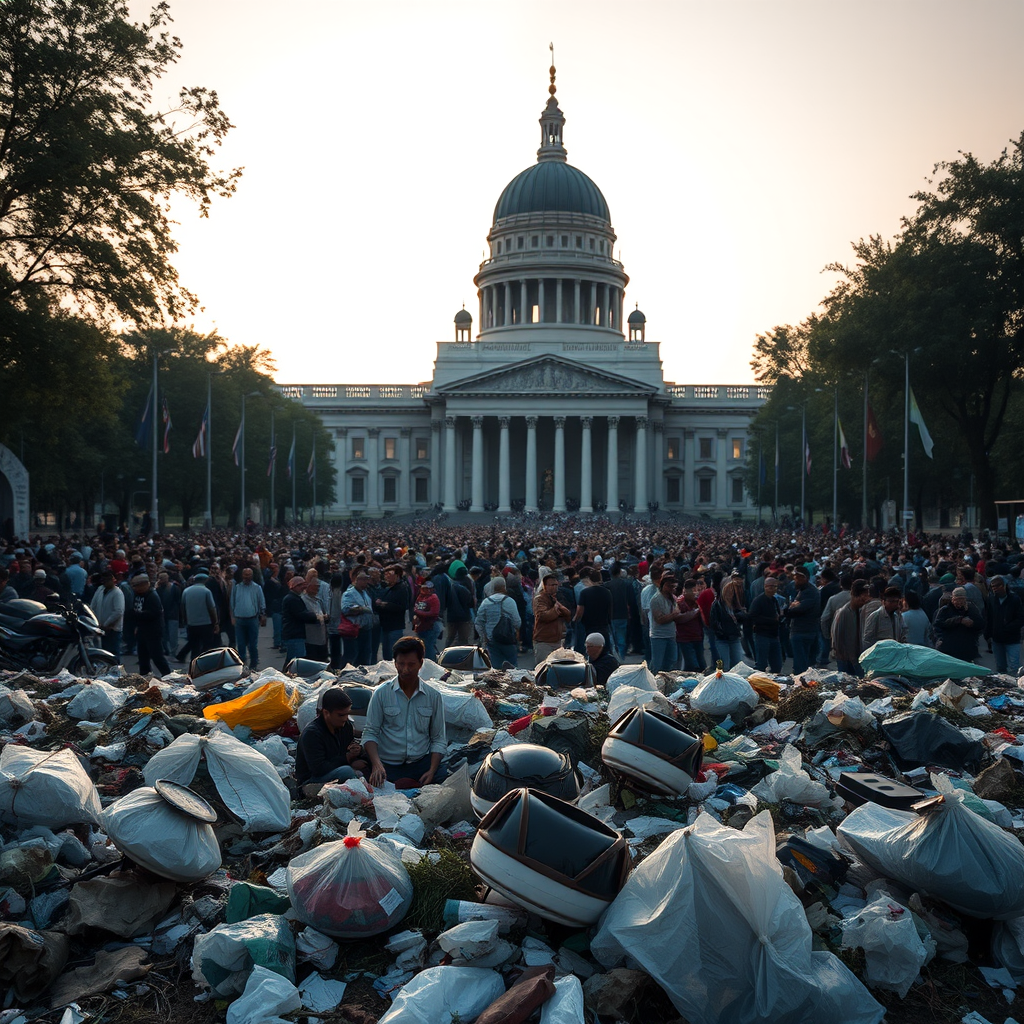 Image of a large crowd in front of a prominent building, littered with trash in the foreground, shot with a DSLR camera at 50mm, aperture f/8, ISO 100, early morning light, wide-angle view, enhanced detail.