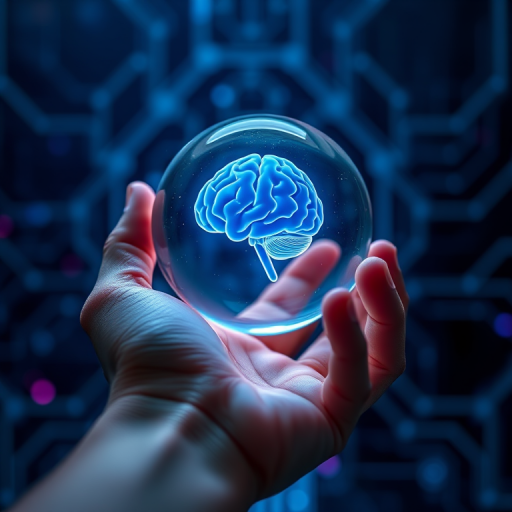 A hand holding a glowing crystal sphere with a brain illustration inside, surrounded by a technological background with blue and purple hues, captured with a Canon EOS R5, 50mm lens, f/1.8 aperture, ISO 100, in a macro style for enhanced detail and clarity.