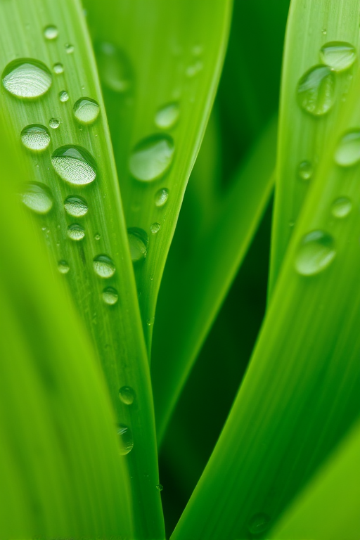 Close-up macro shot of green leaves with water droplets, focus on texture details, natural daylight, f/2.8 aperture, 1/125 sec shutter speed, ISO 200, DSLR camera.
