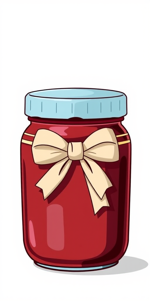 Create an illustrated image of a jar of jam with a light blue lid and a decorative bow, with a simple and clean background, taken with a DSLR camera at f/2.8 aperture, 50mm lens, natural lighting, and a shallow depth of field for enhanced clarity and detail.