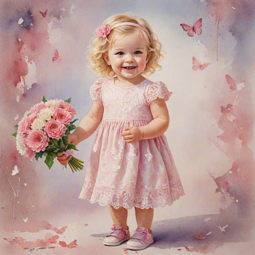 hyperrealism happy smiling toddler girl with messy wavy blonde hair with a headband, she is wearing a pink and white lace dress with pink and white shoes, she is holding a pink bouquet of flowers. Pink flowers and butterflies. summer background. Watercolor Highly detailed