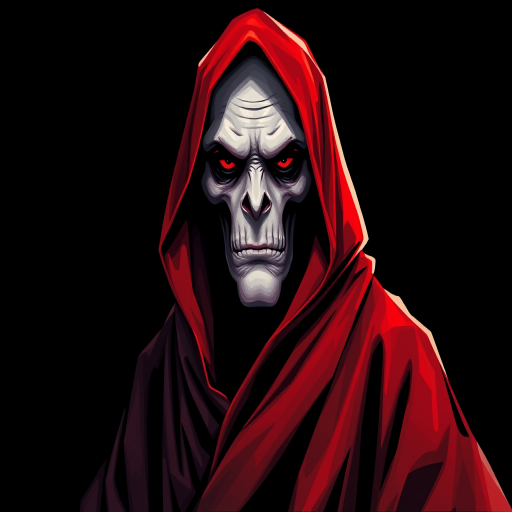 Create a vibrant digital illustration of a figure wearing a red robe with a white face and exaggerated features, using a high-resolution setting with a Canon EOS R5 camera, 50mm lens, f/1.8 aperture, ISO 100, portrait orientation, and enhanced colors for a striking effect against a black background.
