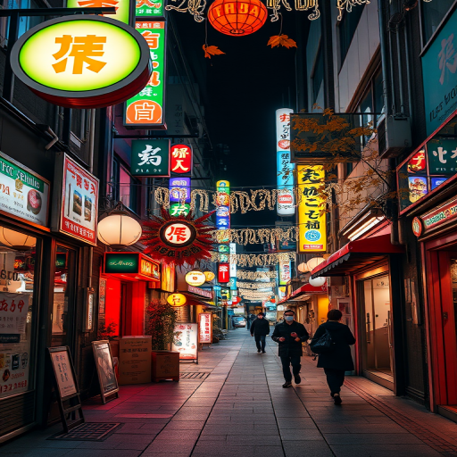 Generate an image of a vibrant street at night in Tokyo, featuring colorful neon signs and autumn leaves, with two people walking under decorative lights, using a DSLR camera, aperture f/2.8, ISO 800, 50mm lens, shot from a slightly low angle to capture the depth of the alley.