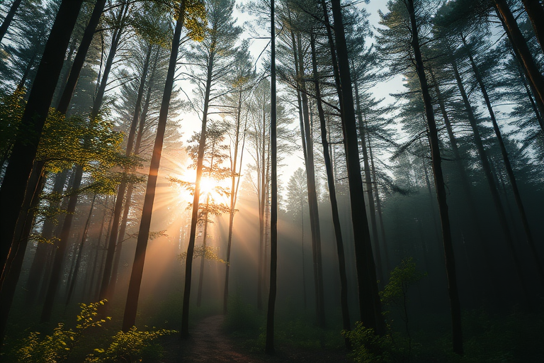 Generate a high-quality digital illustration of a tranquil forest scene during sunrise, featuring tall trees, soft sunlight filtering through leaves, and a gentle mist, shot with a Canon EOS R5 at f/4, ISO 100, 35mm focal length, in a wide-angle perspective for depth and detail.