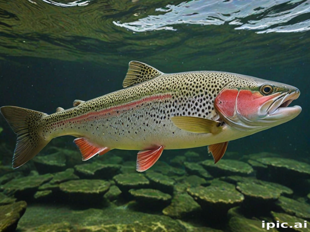 Underwater View of a Beautiful Rainbow Trout Swimming Gracefully in ...