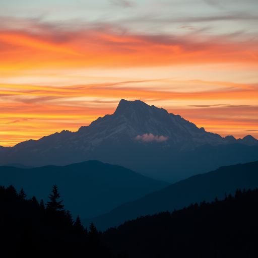 Generate a high-resolution image of a majestic mountain landscape during sunset with vibrant colors, captured using a Canon EOS R5 at f/8, ISO 100, 1/250s, using a wide-angle lens from a low angle perspective for an immersive view.