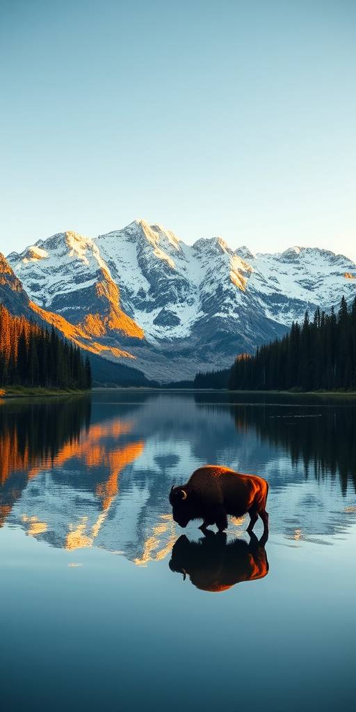 Wide shot of a calm lake reflecting majestic snow-capped mountains in the background, featuring a lone bison standing in the water, surrounded by dense pine trees, captured with a DSLR camera at f/8, ISO 100, 1/250 sec, using a 24mm lens, during golden hour for enhanced lighting and color vibrancy.