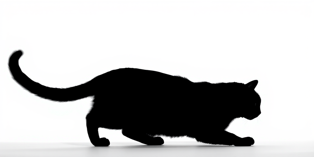 Create a minimalist black silhouette of a cat against a white background, using a DSLR camera with a 50mm lens, aperture set to f/1.8, ISO 100, and a shallow depth of field to enhance clarity and focus on the silhouette.