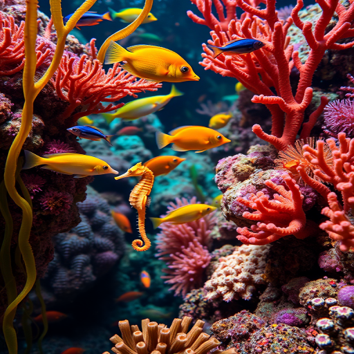 colorful underwater scene with various fish including seahorses, coral, and seaweed, vibrant colors, shallow depth of field, ISO 100, f/2.8, 50mm lens, shot in natural light, digital photography
