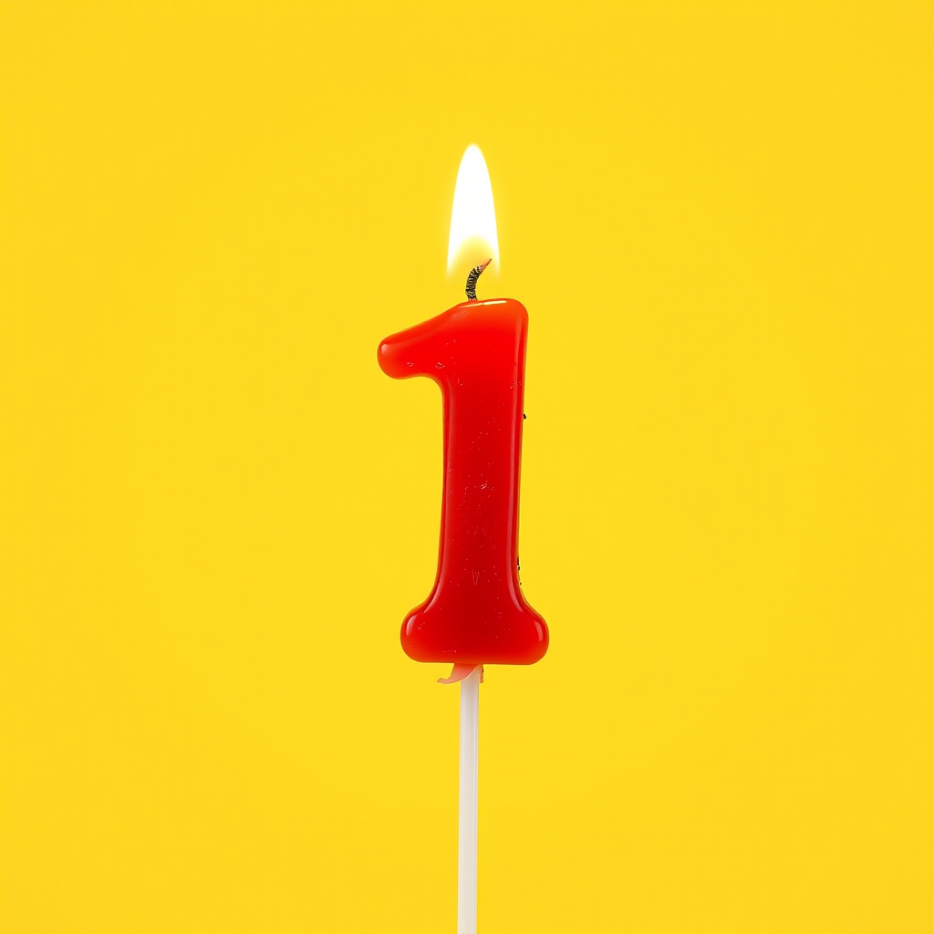 Generate an image of a red birthday candle in the shape of the number one, lit with a small flame on top, set against a bright yellow background, using a DSLR camera with a 50mm lens, aperture f/1.8, ISO 100, and a shallow depth of field to create a soft blur effect in the background.