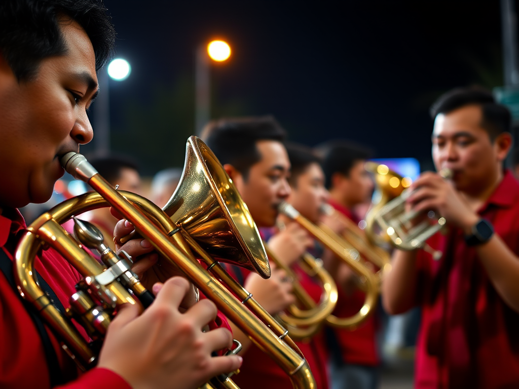 Close-up shot of musicians in red shirts playing traditional brass instruments at night, shallow depth of field, ISO 800, aperture f/2.8, shutter speed 1/60s, using a DSLR with a 50mm lens, low light photography style.