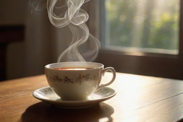 Close-up of a freshly brewed cup of tea on a wooden table, with a delicate china teapot nearby, soft steam rising from the cup, and sunlight streaming through a nearby window.