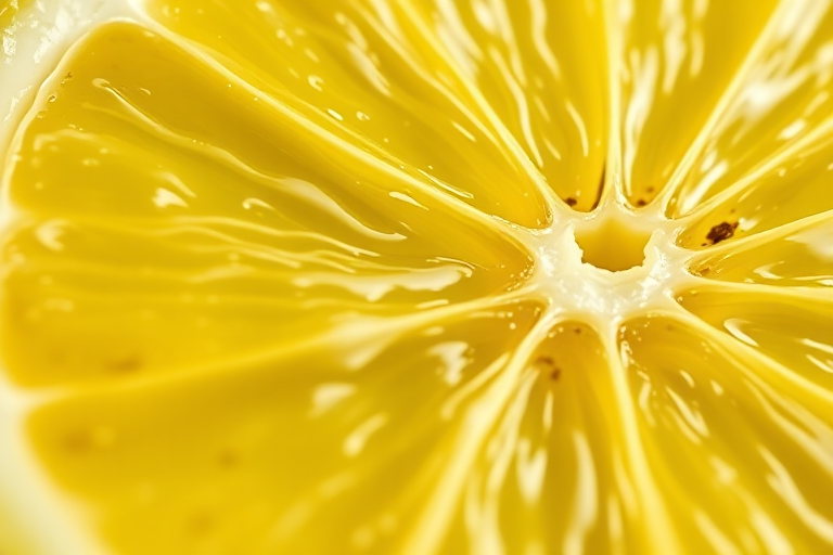 Create a high-resolution close-up of a fresh lemon slice, capturing vibrant yellow colors and textured details, using a DSLR camera with a 50mm lens, aperture at f/2.8, ISO 100, natural light, and shallow depth of field to enhance clarity and focus on the lemon.