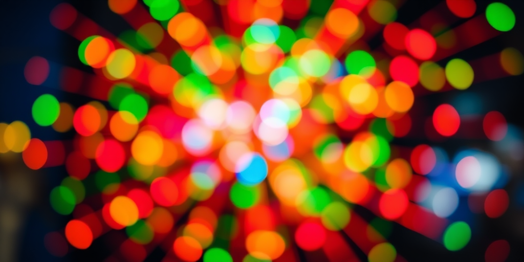 create an abstract burst of colorful lights with a bokeh effect, f/2.8 aperture, ISO 100, 50mm lens, shot from a low angle, using a DSLR camera, vibrant hues of red, green, blue, and yellow against a blurred background, high contrast and vivid saturation