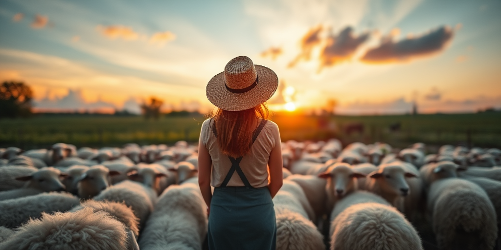 generate an image of a serene sheep farm at sunset with a person in a straw hat standing among the sheep, visibly soft clouds in the sky, use a Canon EOS R5, 35mm lens, f/2.8 aperture, ISO 100, with a shallow depth of field for a dreamy effect